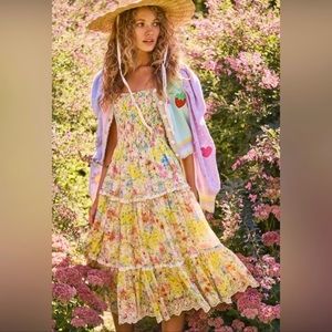 LoveShackFancy Square Neck Floral MIDI Dress